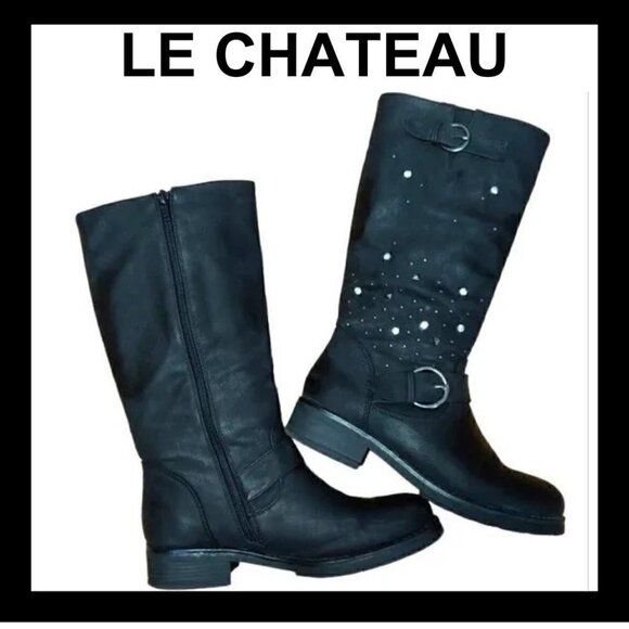 LE CHATEAU Black rhinestones studded moto biker boots - Picture 1 of 7